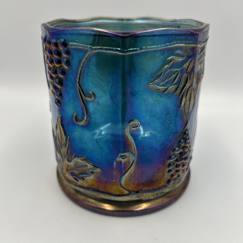 Indiana Blue Iridescent Carnival Glass Harvest Grapes Decorative Jar Vase No Lid